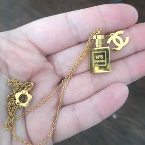 Gold Chanel N5 bottle necklace